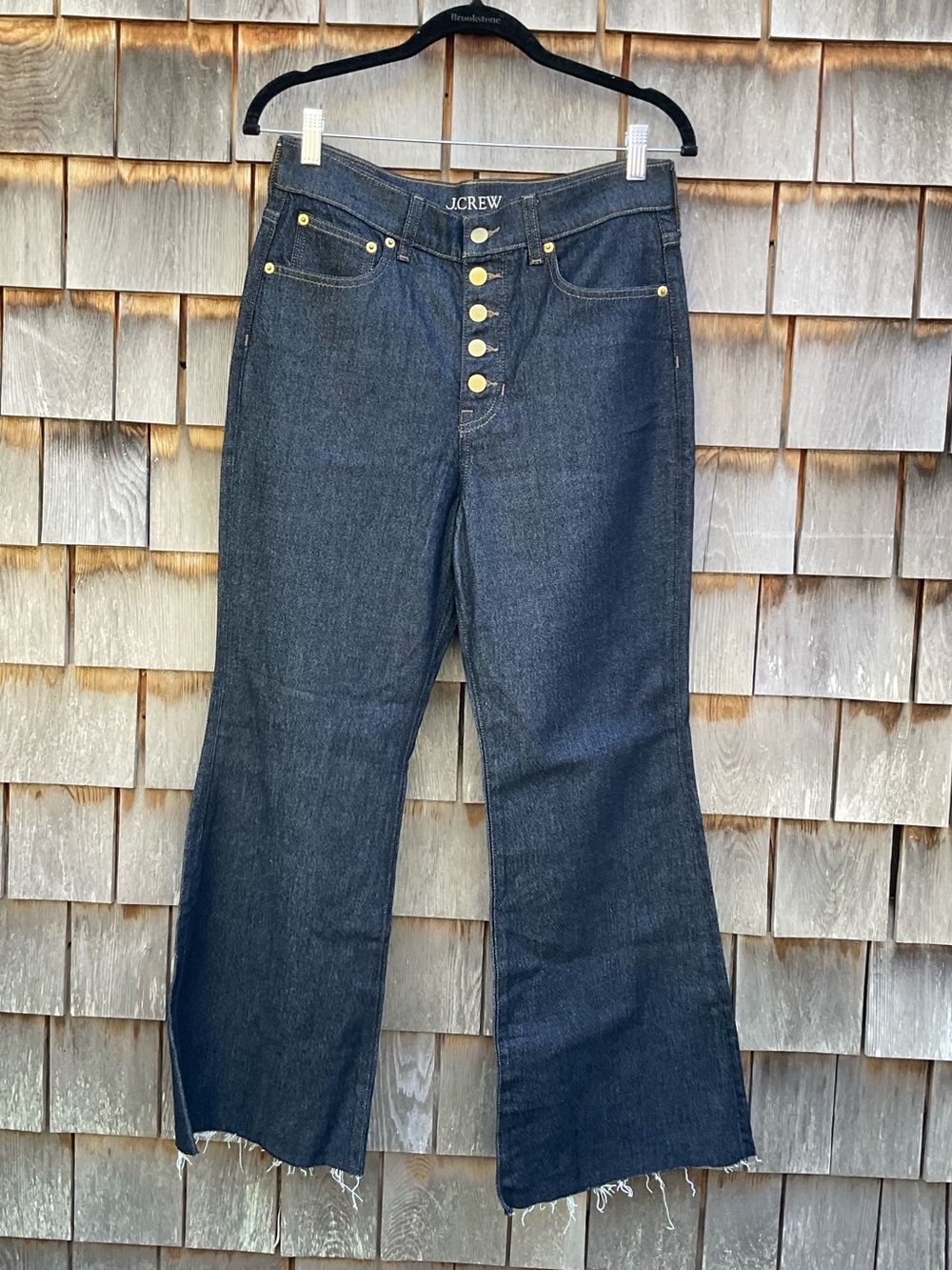 J. Crew Dark Blue High-Rise Flare Jeans with Gold Buttons